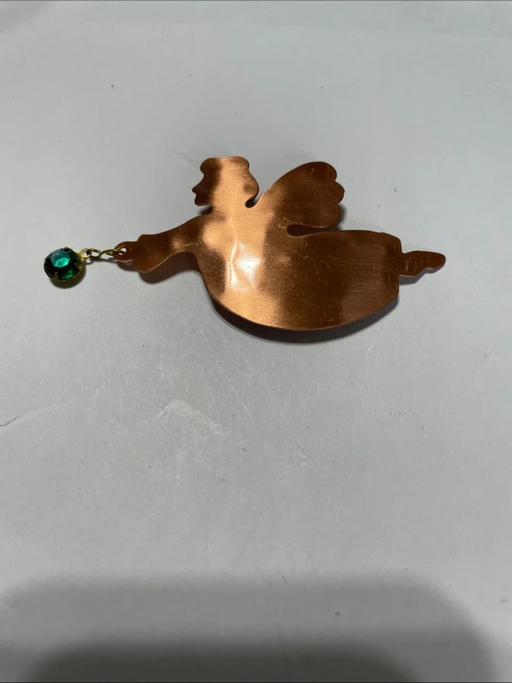Copper Angel Brooch with Green Gem Accent